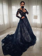 A Line V Neck Court Train Lace Wedding Dresses With Appliques Lace