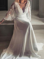 A Line V Neck Court Train Lace Wedding Dresses With Belt Sash