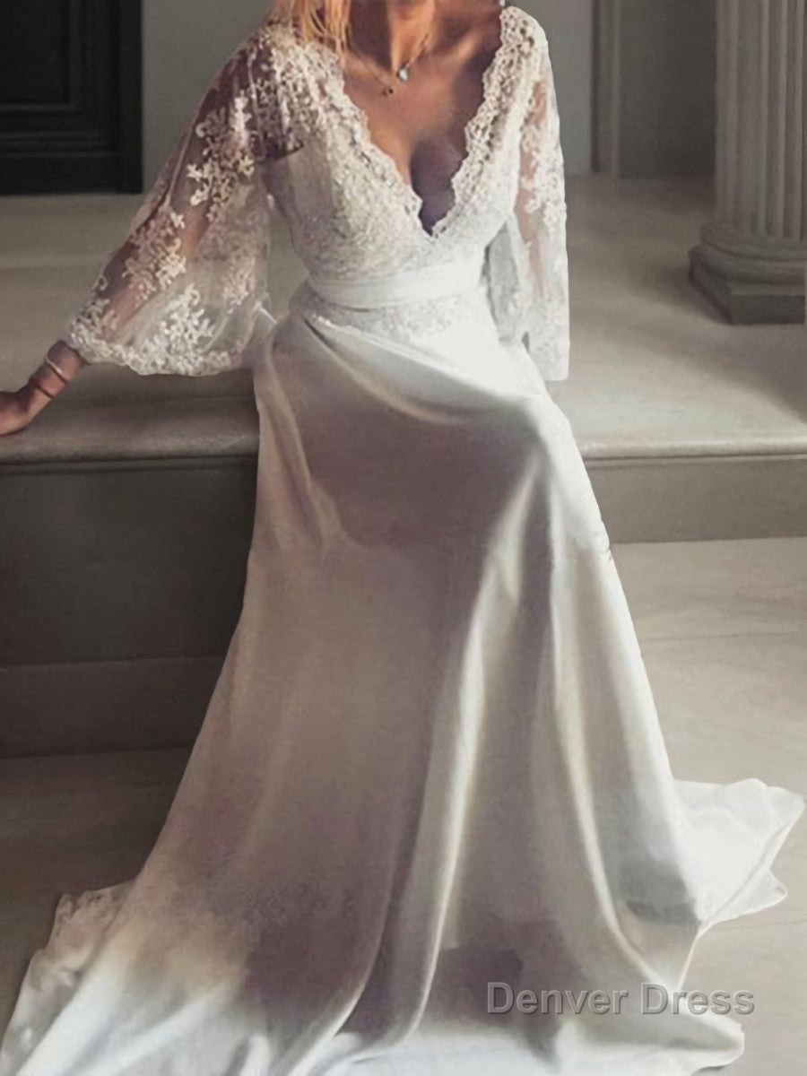 A Line V Neck Court Train Lace Wedding Dresses With Belt Sash