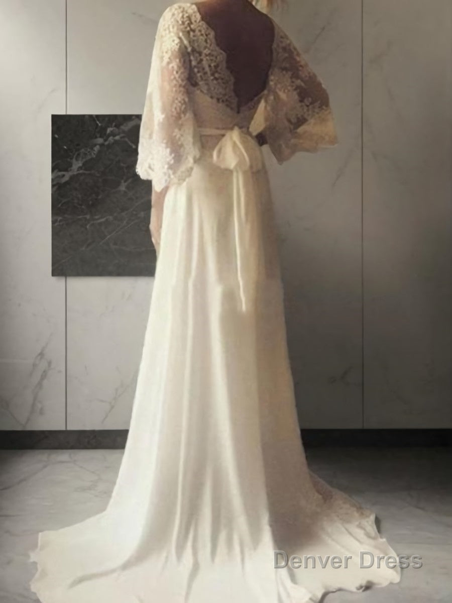 A Line V Neck Court Train Lace Wedding Dresses With Belt Sash