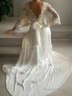 A Line V Neck Court Train Lace Wedding Dresses With Belt Sash