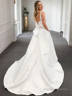 A Line V Neck Court Train Satin Wedding Dresses With Bow