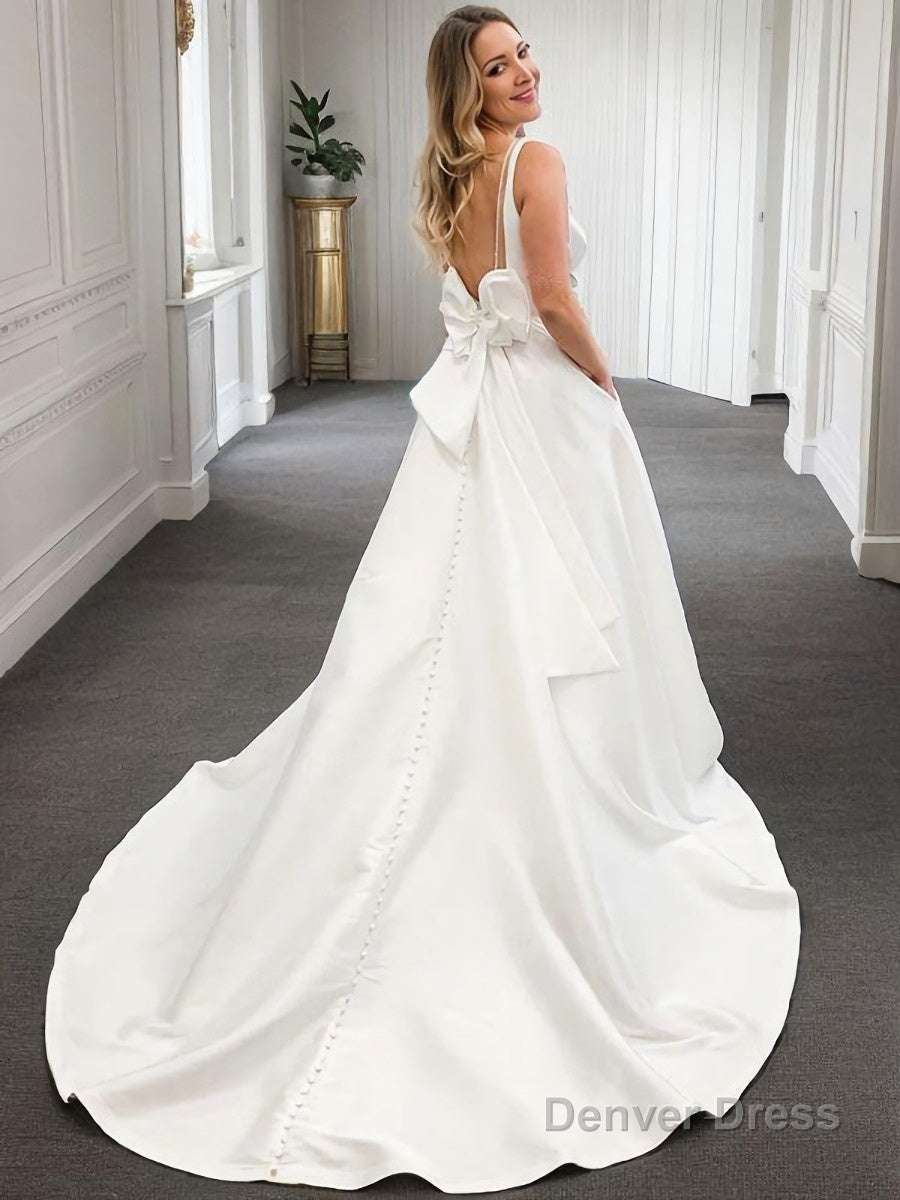 A Line V Neck Court Train Satin Wedding Dresses With Bow