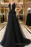 A Line V Neck Court Train Tulle Wedding Dresses with Appliques Lace