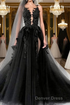 A Line V Neck Court Train Tulle Wedding Dresses with Appliques Lace