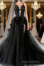 A Line V Neck Court Train Tulle Wedding Dresses with Appliques Lace