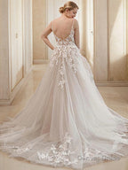 A Line V Neck Court Train Tulle Wedding Dresses With Appliques Lace