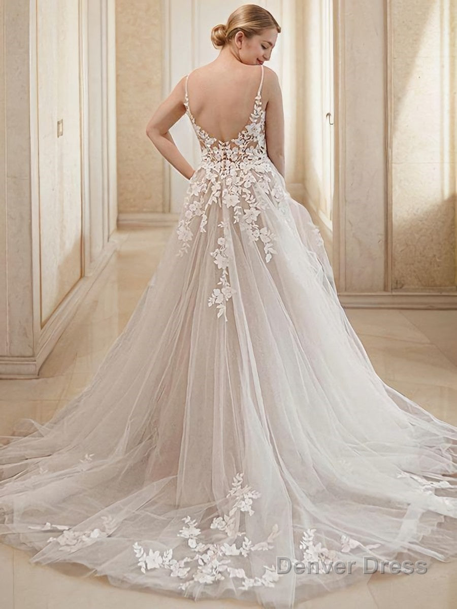 A Line V Neck Court Train Tulle Wedding Dresses With Appliques Lace