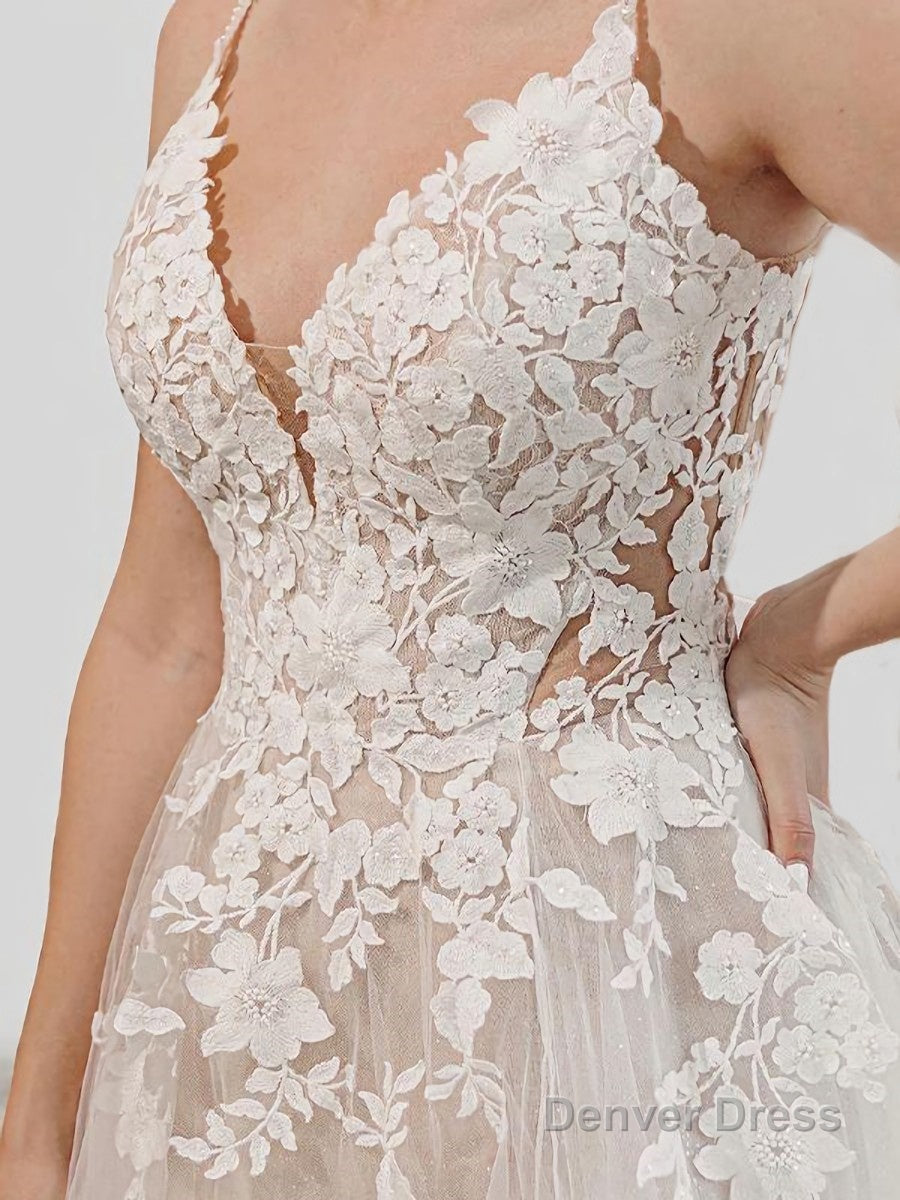A Line V Neck Court Train Tulle Wedding Dresses With Appliques Lace