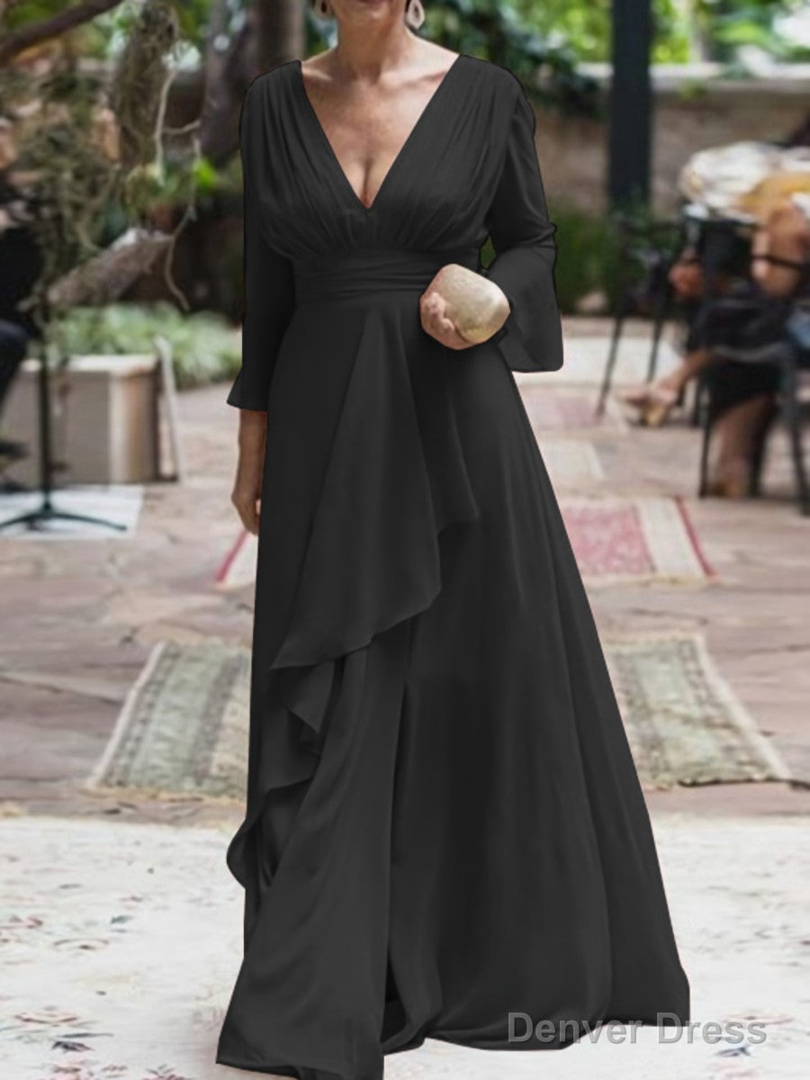 A Line V Neck Floor Length Chiffon Mother of the Bride Dresses With Ruffles