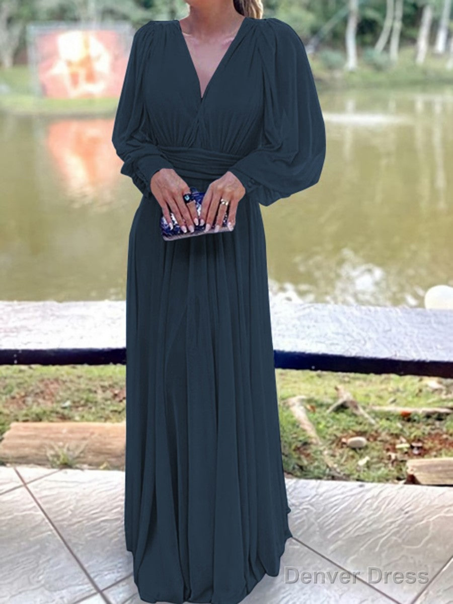 A Line V Neck Floor Length Chiffon Mother of the Bride Dresses With Ruffles