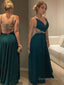 A Line V Neck Floor Length Chiffon Prom Dresses With Beading