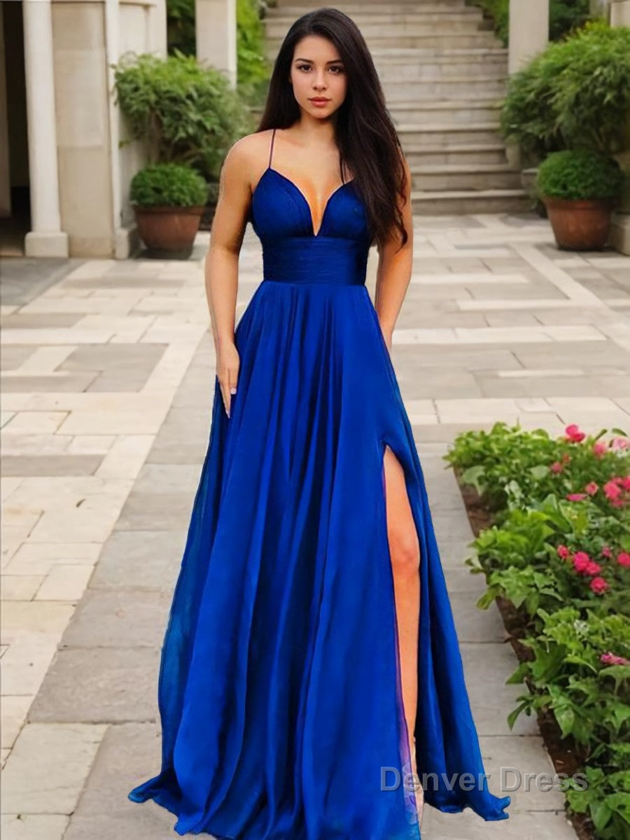 A-Line/Princess V-neck Floor-Length Chiffon Prom Dresses With Leg Slit Main image