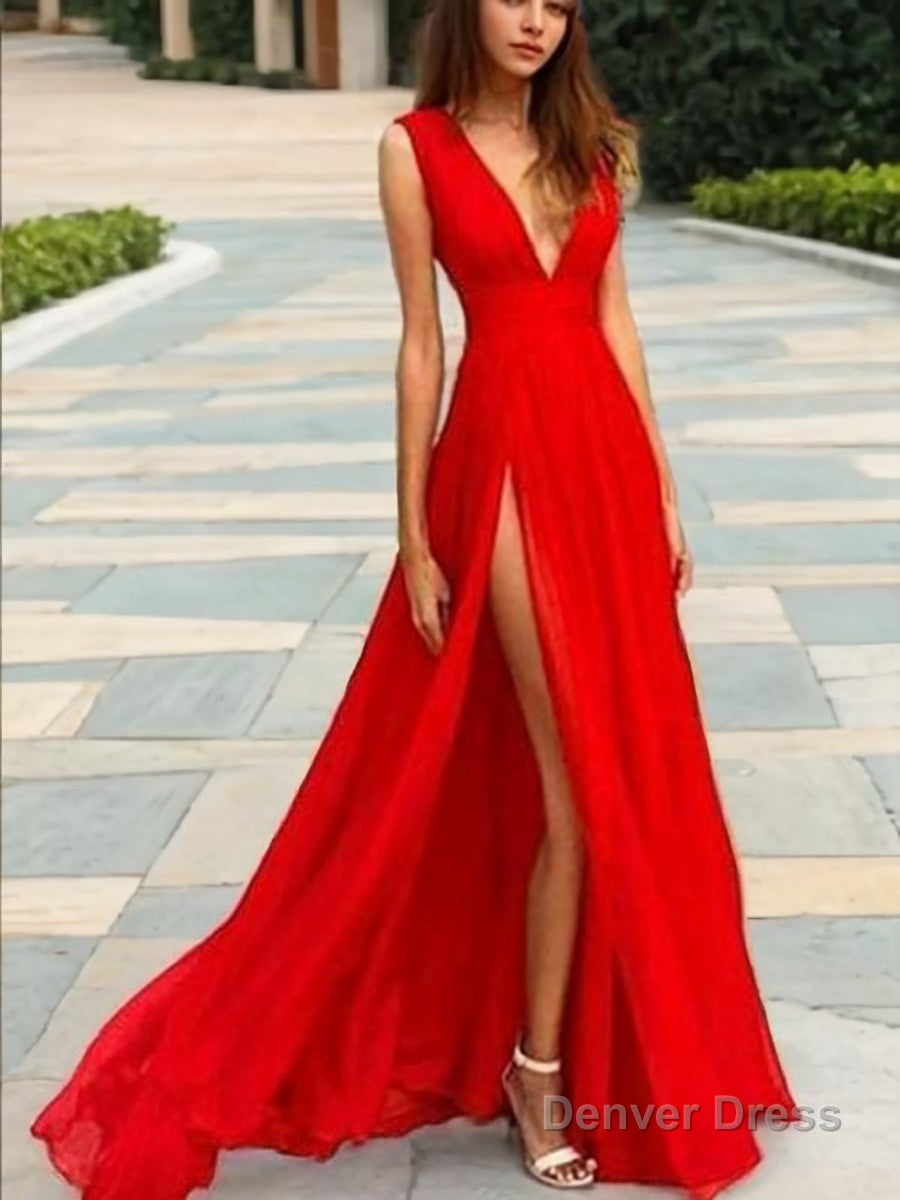A-Line/Princess V-neck Floor-Length Chiffon Prom Dresses With Leg Slit Main image