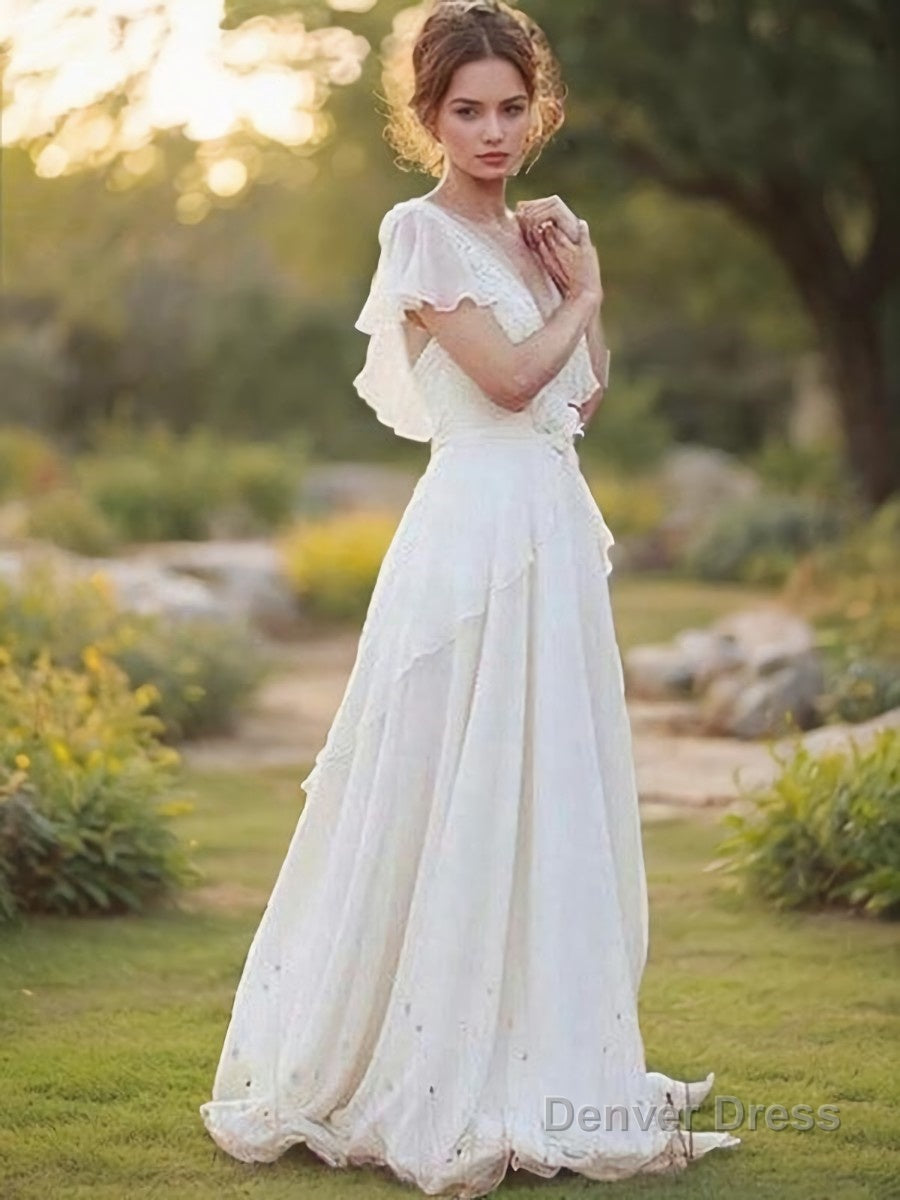 A Line V Neck Floor Length Chiffon Wedding Dresses With Belt Sash