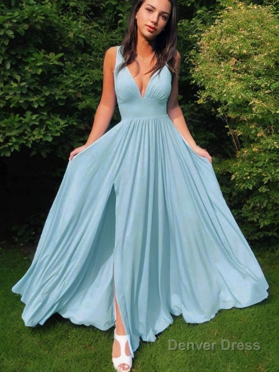 A Line V Neck Floor Length Jersey Prom Dresses With Leg Slit