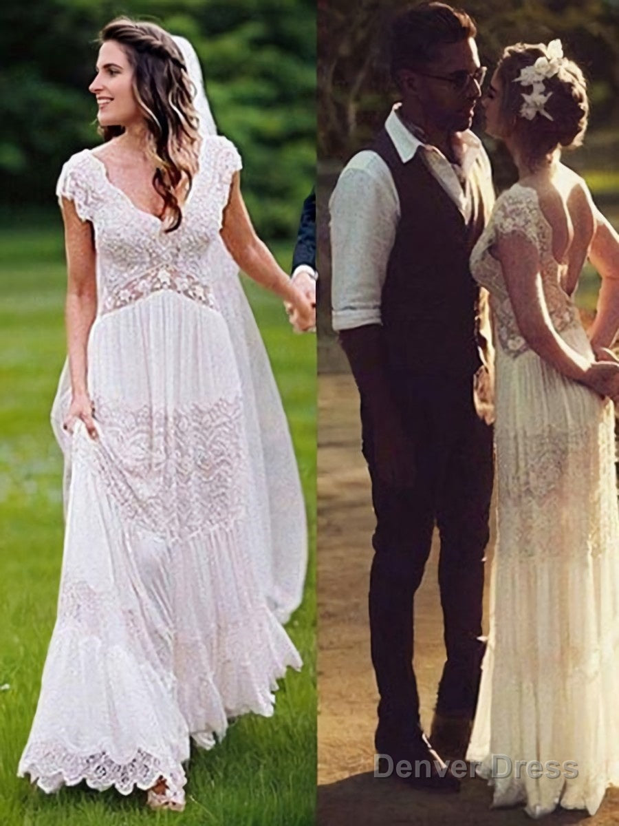 A Line V Neck Floor Length Lace Wedding Dresses Main image