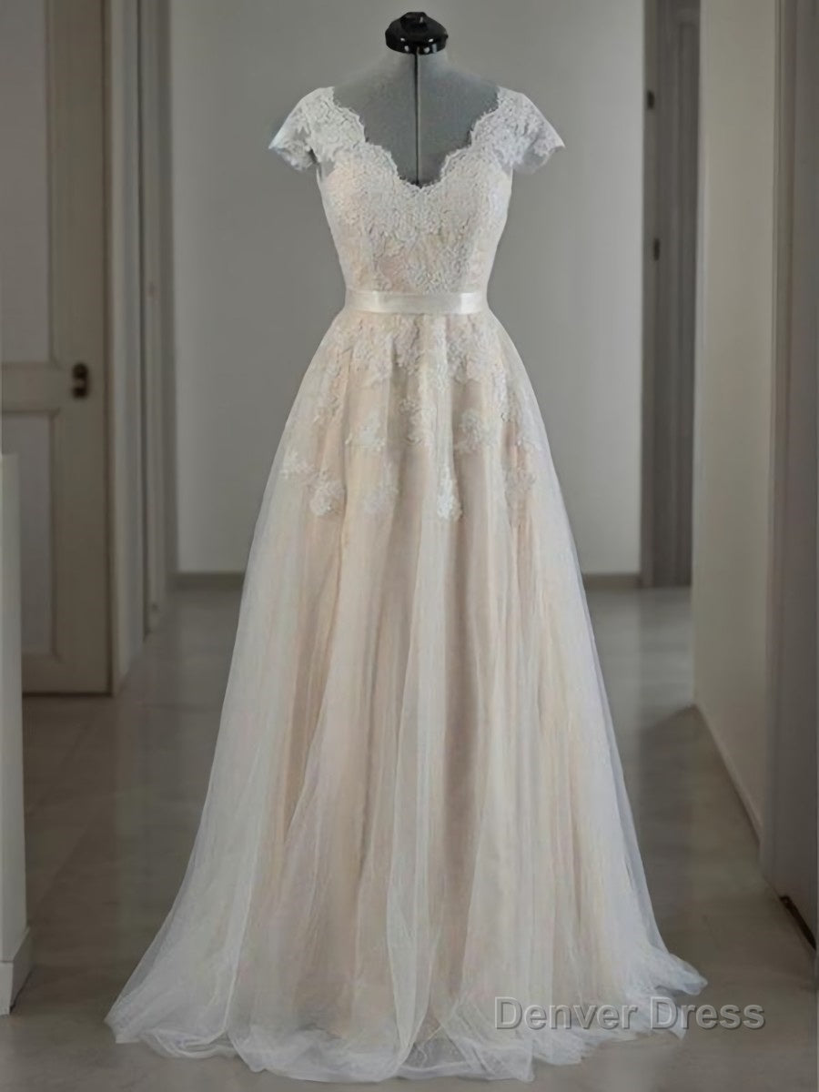 A Line V Neck Floor Length Lace Wedding Dresses With Appliques Lace Main image