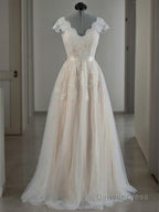 A Line V Neck Floor Length Lace Wedding Dresses With Appliques Lace