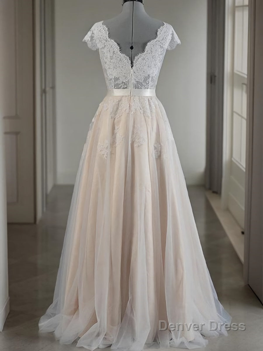 A-Line/Princess V-neck Floor-Length Lace Wedding Dresses With Appliques Lace Secondary image