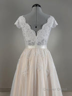 A Line V Neck Floor Length Lace Wedding Dresses With Appliques Lace