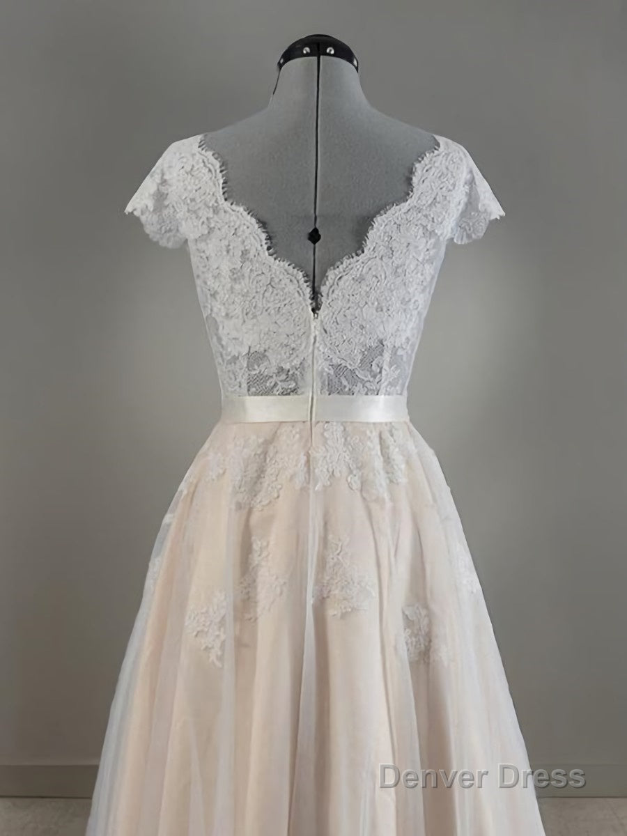 A Line V Neck Floor Length Lace Wedding Dresses With Appliques Lace