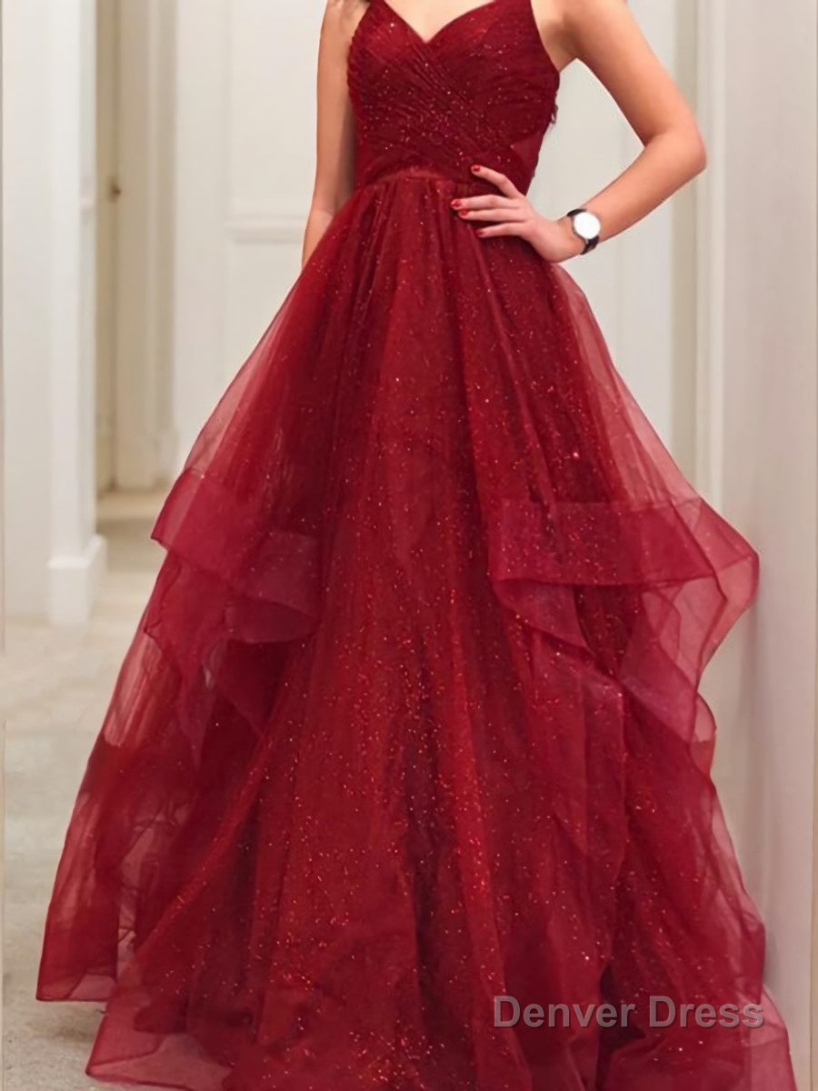 A Line V Neck Floor Length Net Prom Dresses Secondary image