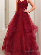 A Line V Neck Floor Length Net Prom Dresses