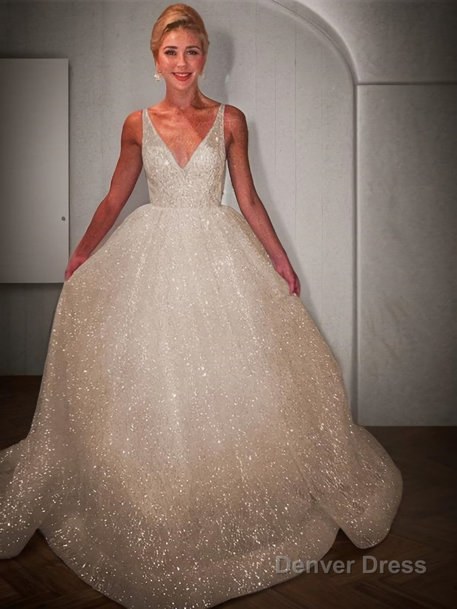 A Line V Neck Floor Length Prom Dresses