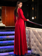 A Line V Neck Floor Length Satin Chiffon Prom Dresses With Leg Slit