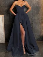 A-Line/Princess V-neck Floor-Length Satin Prom Dresses With Leg Slit