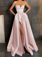 A-Line/Princess V-neck Floor-Length Satin Prom Dresses With Leg Slit