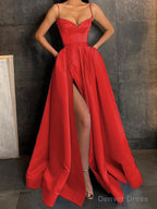 A-Line/Princess V-neck Floor-Length Satin Prom Dresses With Leg Slit