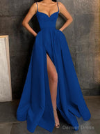 A-Line/Princess V-neck Floor-Length Satin Prom Dresses With Leg Slit