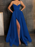 A Line V Neck Floor Length Satin Prom Dresses With Leg Slit