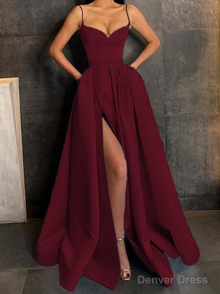 A Line V Neck Floor Length Satin Prom Dresses With Leg Slit