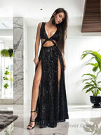 A Line V Neck Floor Length Sequins Prom Dresses With Leg Slit