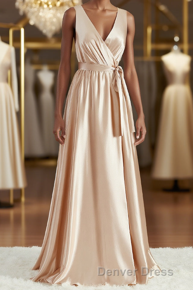A Line V Neck Floor Length Silk like Satin Bridesmaid Dresses with Belt Sash Main image
