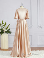A Line V Neck Floor Length Silk like Satin Bridesmaid Dresses with Belt Sash