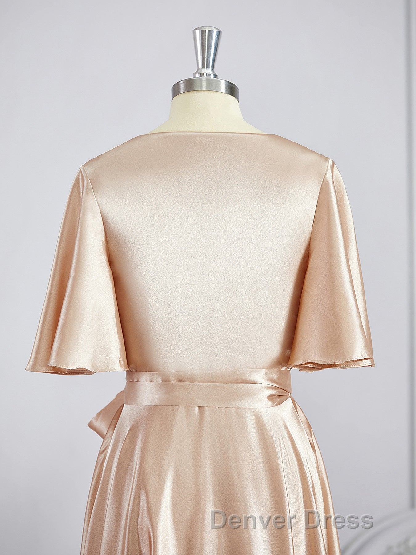 A Line V Neck Floor Length Silk like Satin Bridesmaid Dresses with Belt Sash