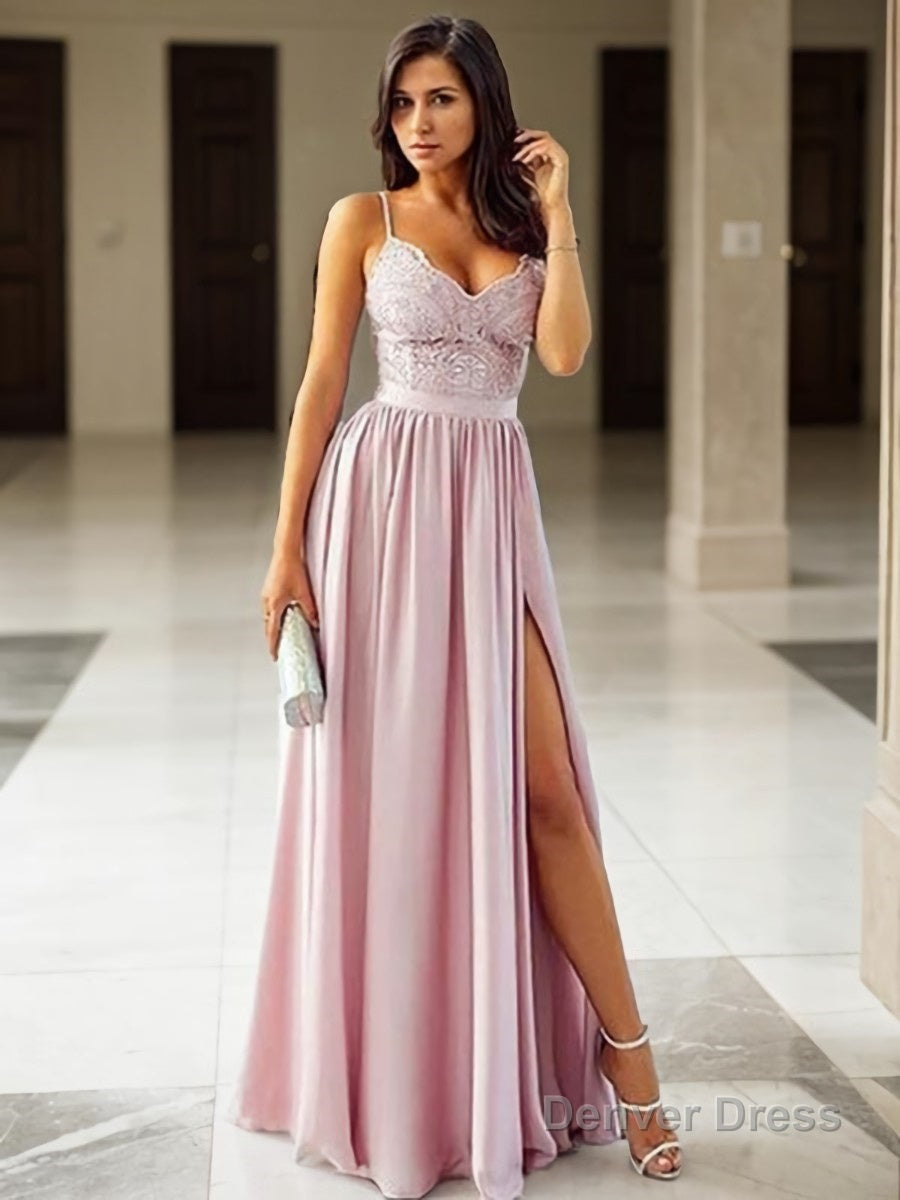 A Line V Neck Floor Length Silk like Satin Prom Dresses With Leg Slit