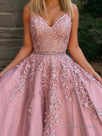 A Line V Neck Floor Length Tulle Prom Dresses With Appliques Lace
