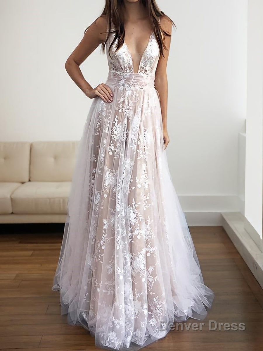 A Line V Neck Floor Length Tulle Prom Dresses With Appliques Lace Main image