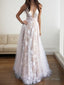 A Line V Neck Floor Length Tulle Prom Dresses With Appliques Lace