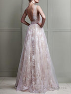 A Line V Neck Floor Length Tulle Prom Dresses With Appliques Lace
