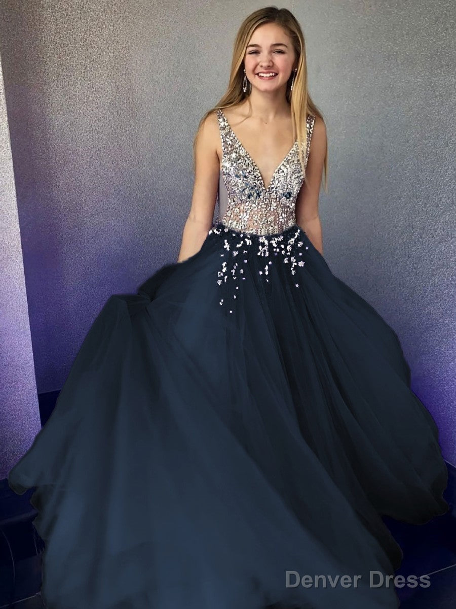 A-Line/Princess V-neck Floor-Length Tulle Evening Dresses With Beading