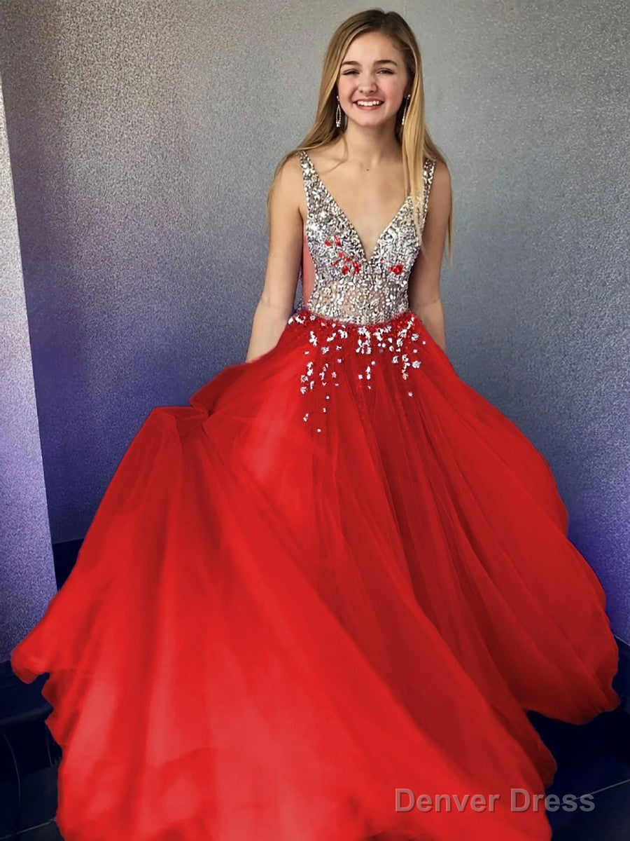 A Line V Neck Floor Length Tulle Prom Dresses With Beading