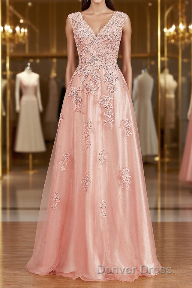 A-Line/Princess V-neck Floor-Length Tulle Mother of the Bride Dresses With Appliques Lace Main image