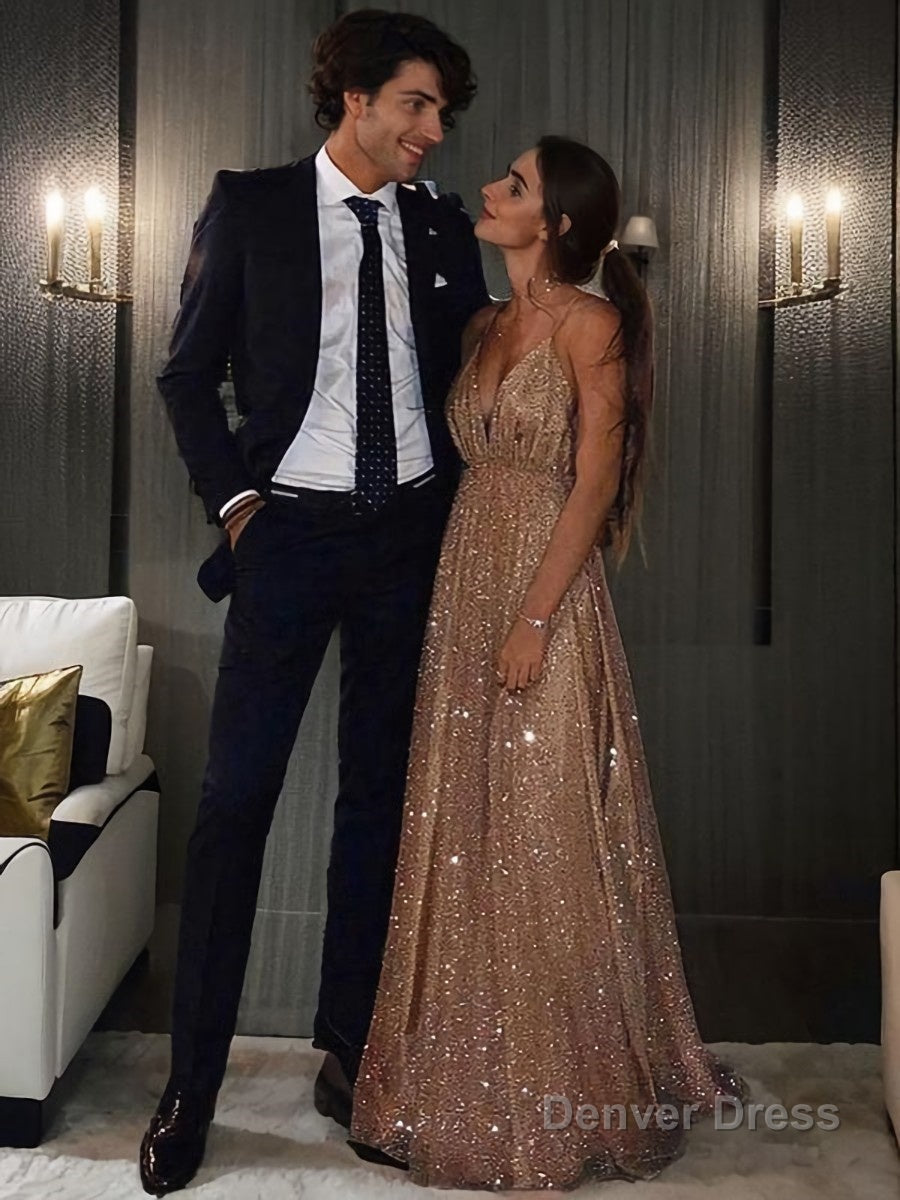 A Line V Neck Floor Length Tulle Prom Dresses Main image