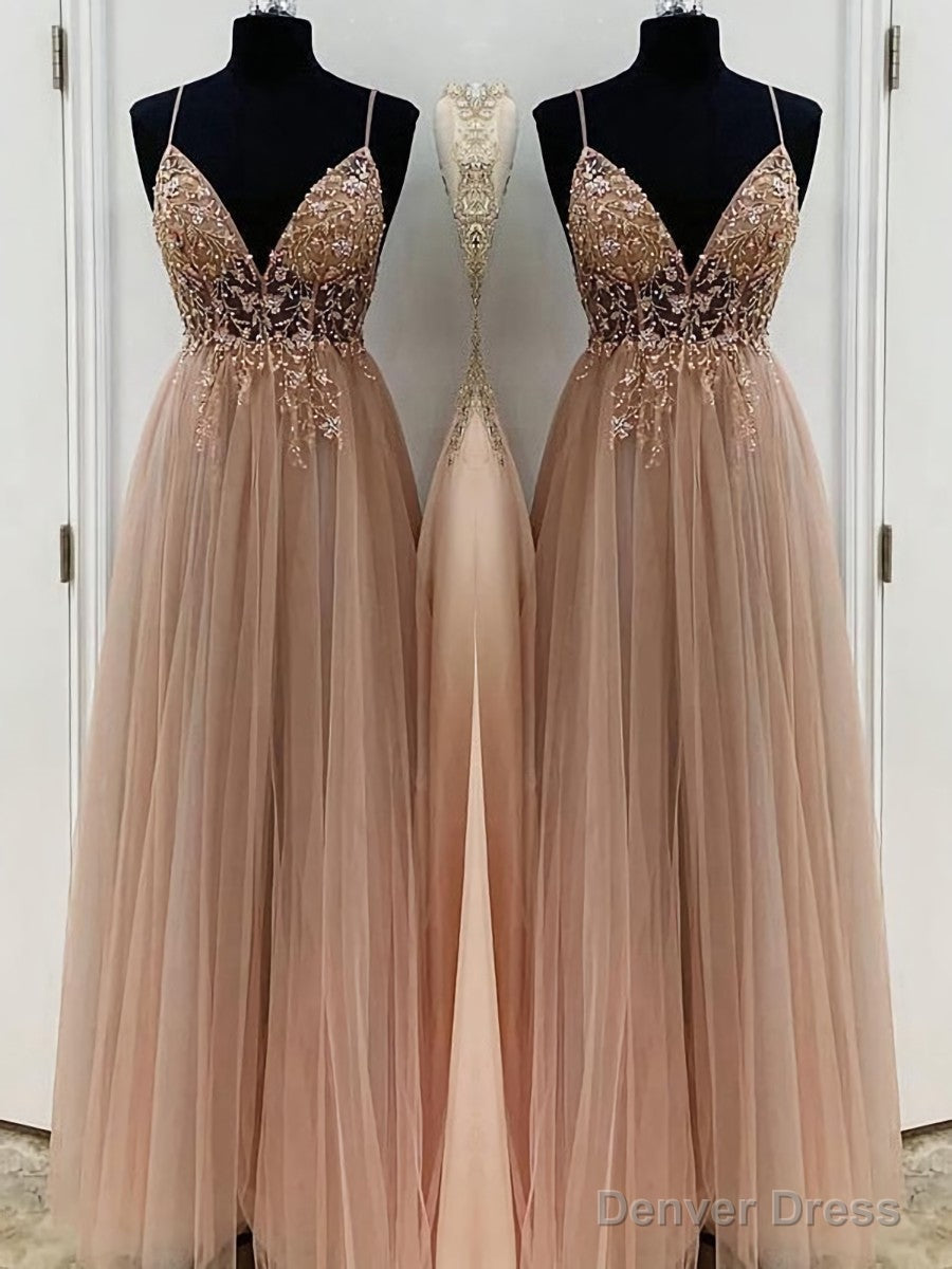 A-Line/Princess V-neck Floor-Length Tulle Prom Dresses With Beading Main image